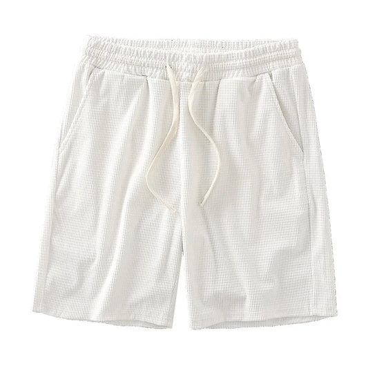Men Shorts Solid Color Mid Waist Summer Motion Waffle Texture/Deep Crotch Drawstring Male Shorts Loose Knee Length Casual Short