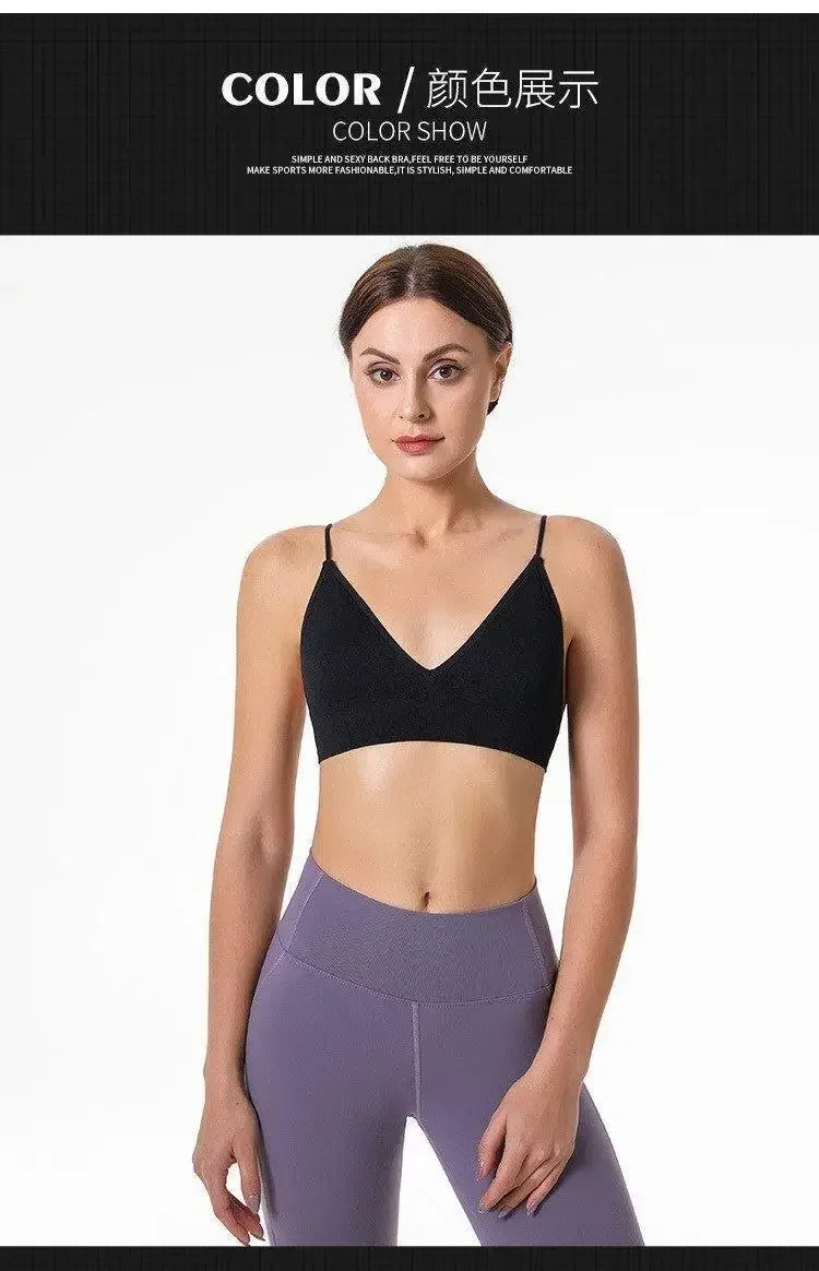 Women V Neck Seamless Triangle Cup Bra Camisole Breathable Gather Up/Chest Wrapped Underwear for Sports Fitness Yoga Casual