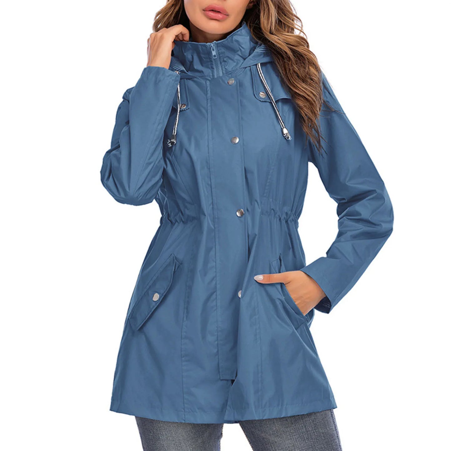 Women's Casual Lightweight Raincoat/Solid Color Long Hooded Outdoor Windbreaker