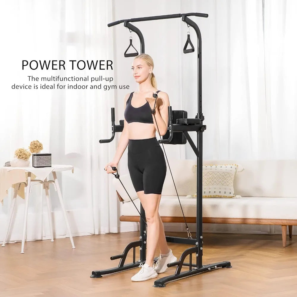 Height Adjustable Multi-Function Power Tower with Backrest Workout/Dip Station Pull Up Bar Stand Fitness Strength