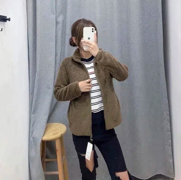 Autumn Winter Women's Long Velvet Fleece Zipper Sleeve Coat Warm/Coral Fleece Jacket Full Length Outerwear Comfortable Coat