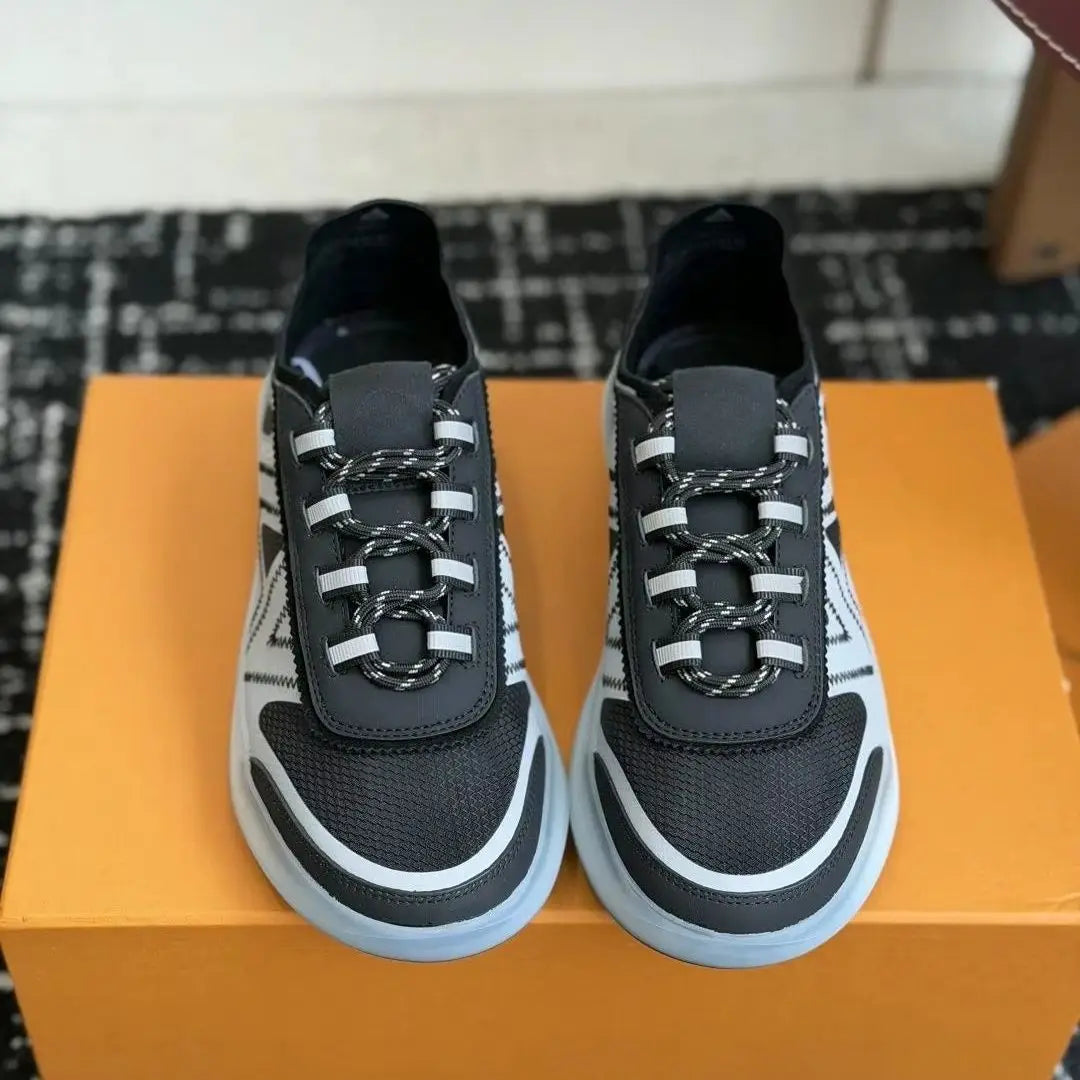 Two‑Tone Breathable Mesh Leather Athletic Sneakers/Geometric Stripe Print Braided Rope Laces Frosted Clear Thick Shoe