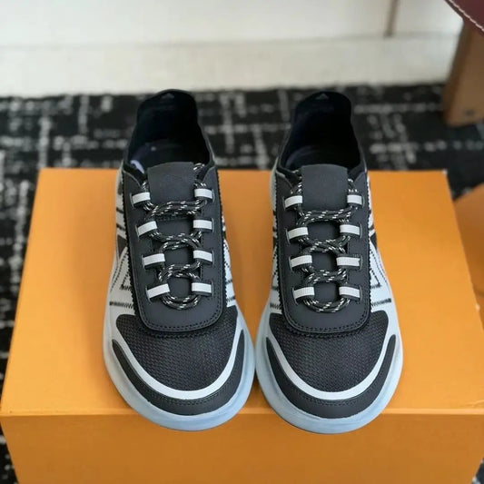 Two‑Tone Breathable Mesh Leather Athletic Sneakers/Geometric Stripe Print Braided Rope Laces Frosted Clear Thick Shoe