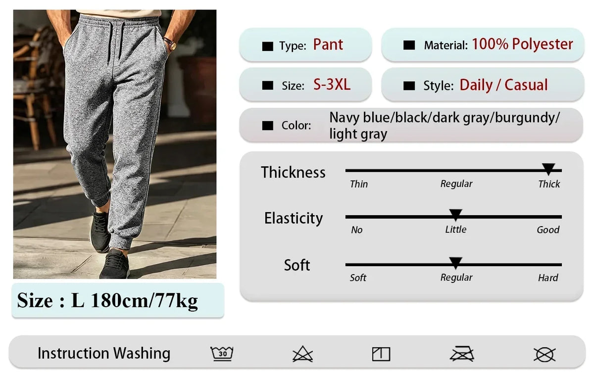2Pcs In Set Men Fleece Lined Jogger Sweatpants Thick Warm Elastic Waist/Drawstring Tapered Pants Casual Athletic Winter Wear