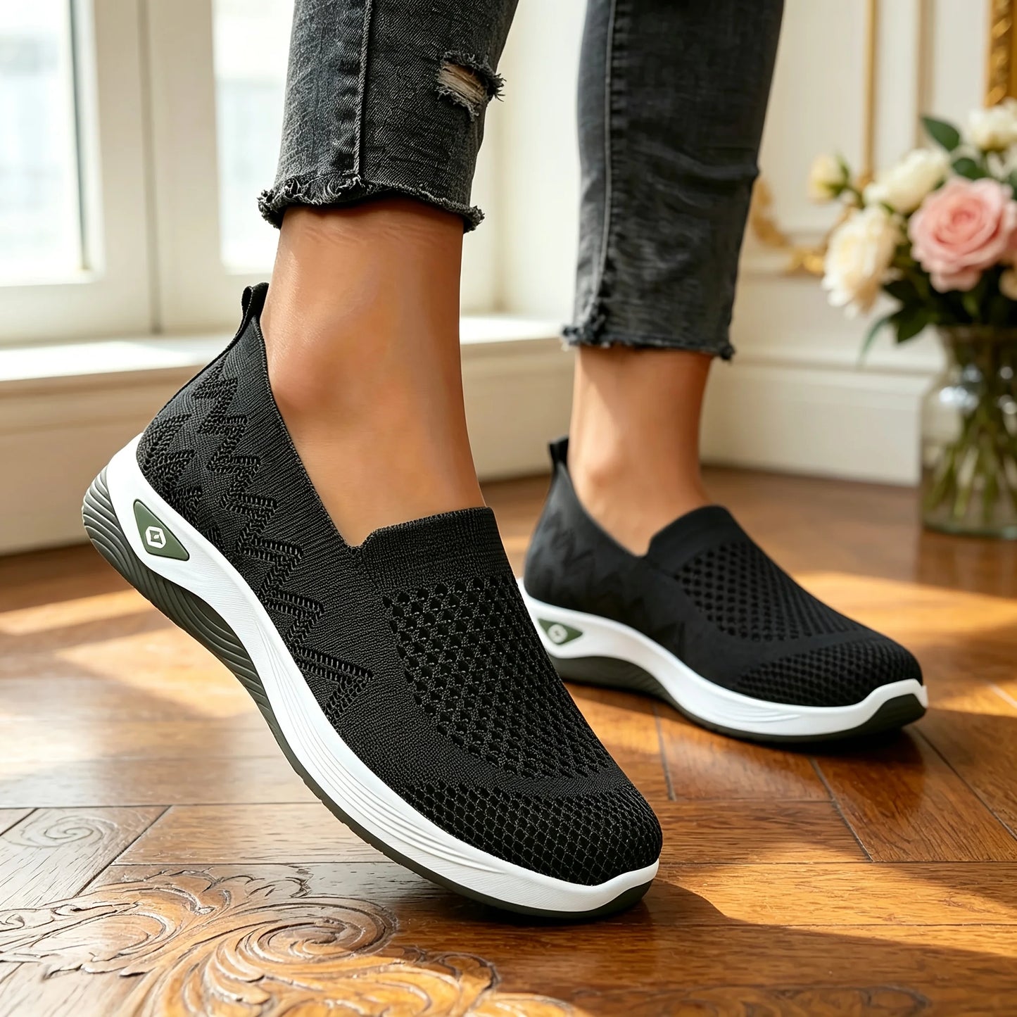 Women Hollow Flying Knit Slip On Wedge Walking Shoes Breathable Mesh/Lightweight Cushion Platform Non Slip Soft Sole Comfort Loafers