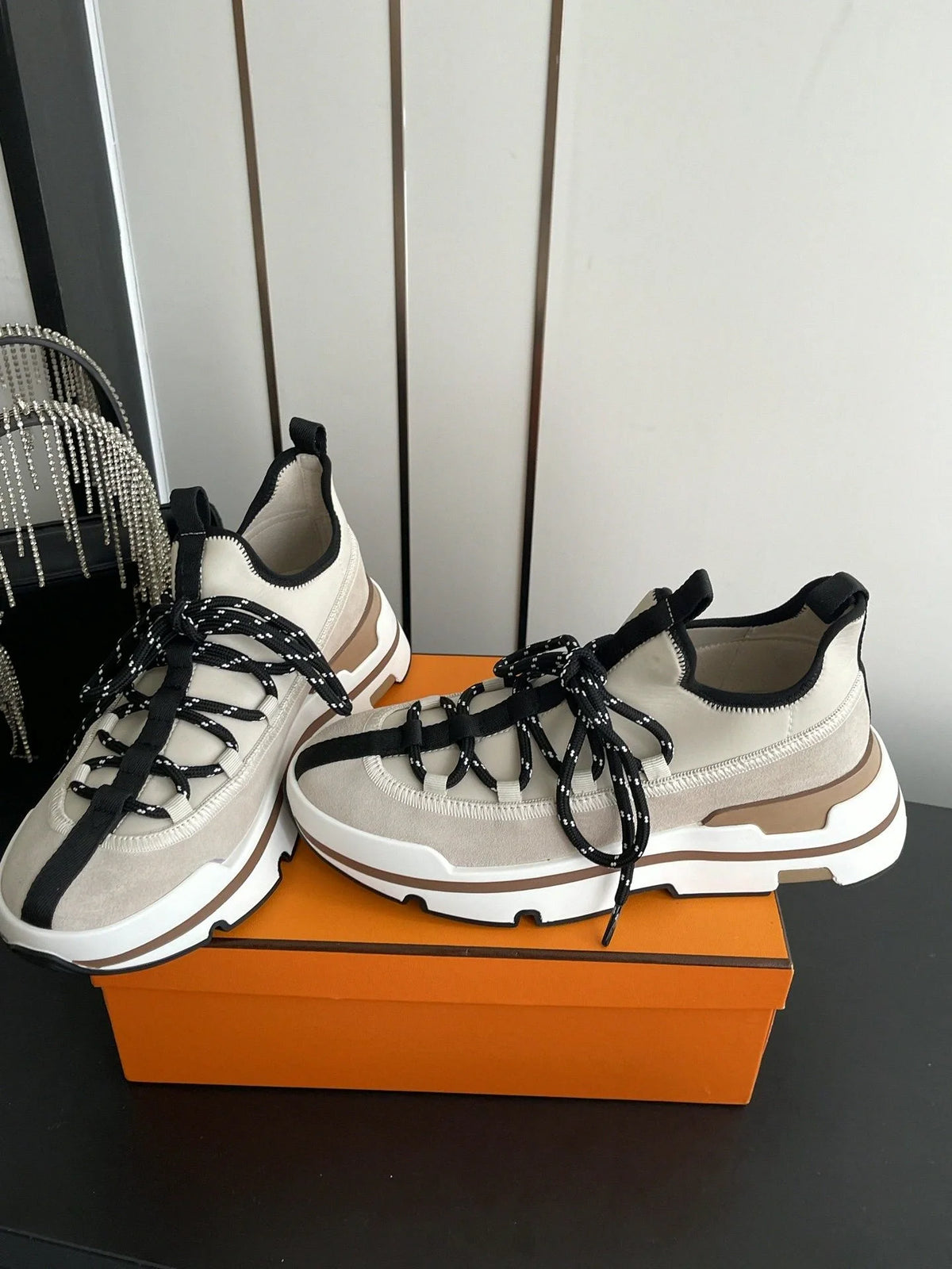 Beige Black Suede Platform Thick Sole/Sneakers for Men