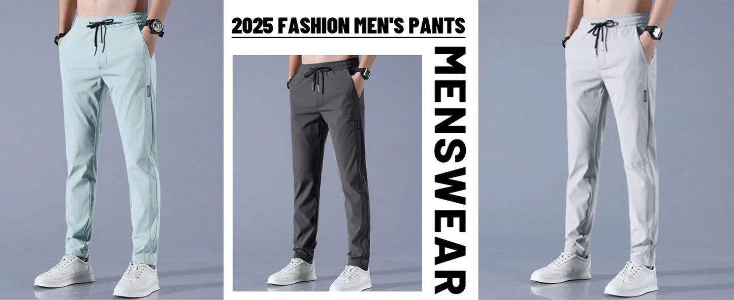 Men Fast Dry Stretch Pants Ice Silk Trousers Solid Color Mid-Waist/Loose Breathable Straight-Leg Casual Pants Thin Sports Pants