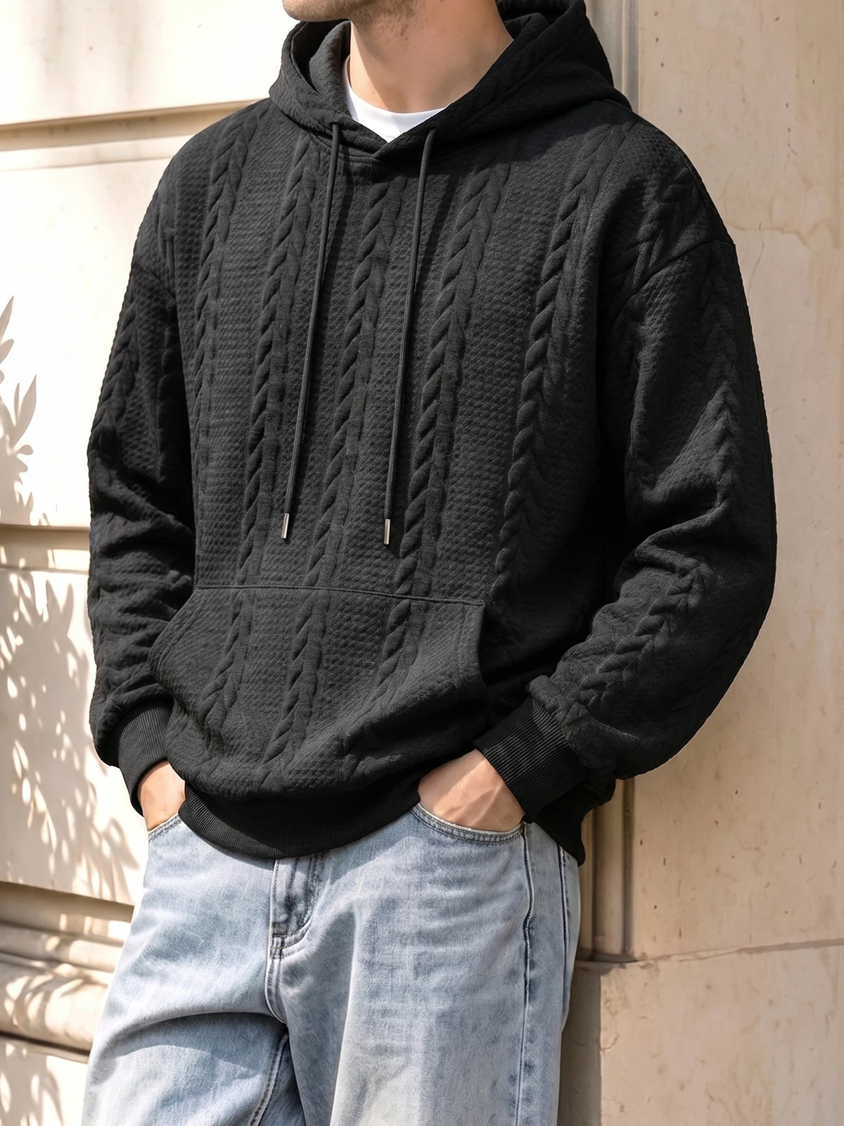 Men's Winter Warm Fleece Hoodie Cable Knit Textured Pullover/Hooded Sweatshirt Kangaroo Pocket for Gym Street Cold Weather Jacket