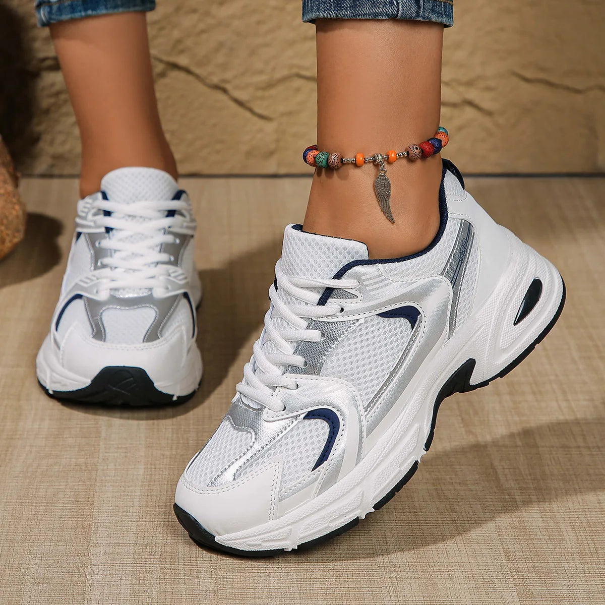 Women's White Retro Shoes Breathable Mesh Platform Sneakers/Chunky Casual Non-slip Walking Shoes Lightweight Lace-up
