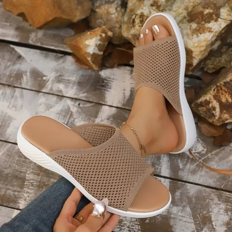 Women's Knitted Breathable Mesh Slide Sandals Soft Flat Sandals/with Open Toe Platform Non-Slip Light Casual Summer Beach Shoes