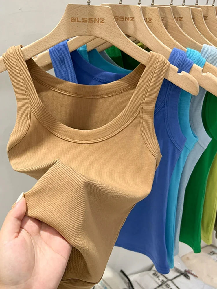 zjaiss Women Solid Round Neck Ribbed Tank Top Camisole Women/Summer Basic Elastic Tank Top O Neck Solid Tank Top