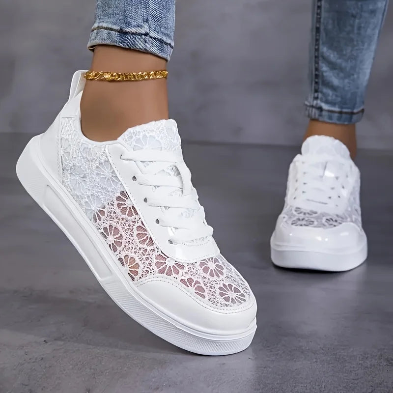 New Arrival Women Lace Mesh Platform Sneakers Floral Embroidery/Breathable Slip On Lace Up Casual Walking Shoes