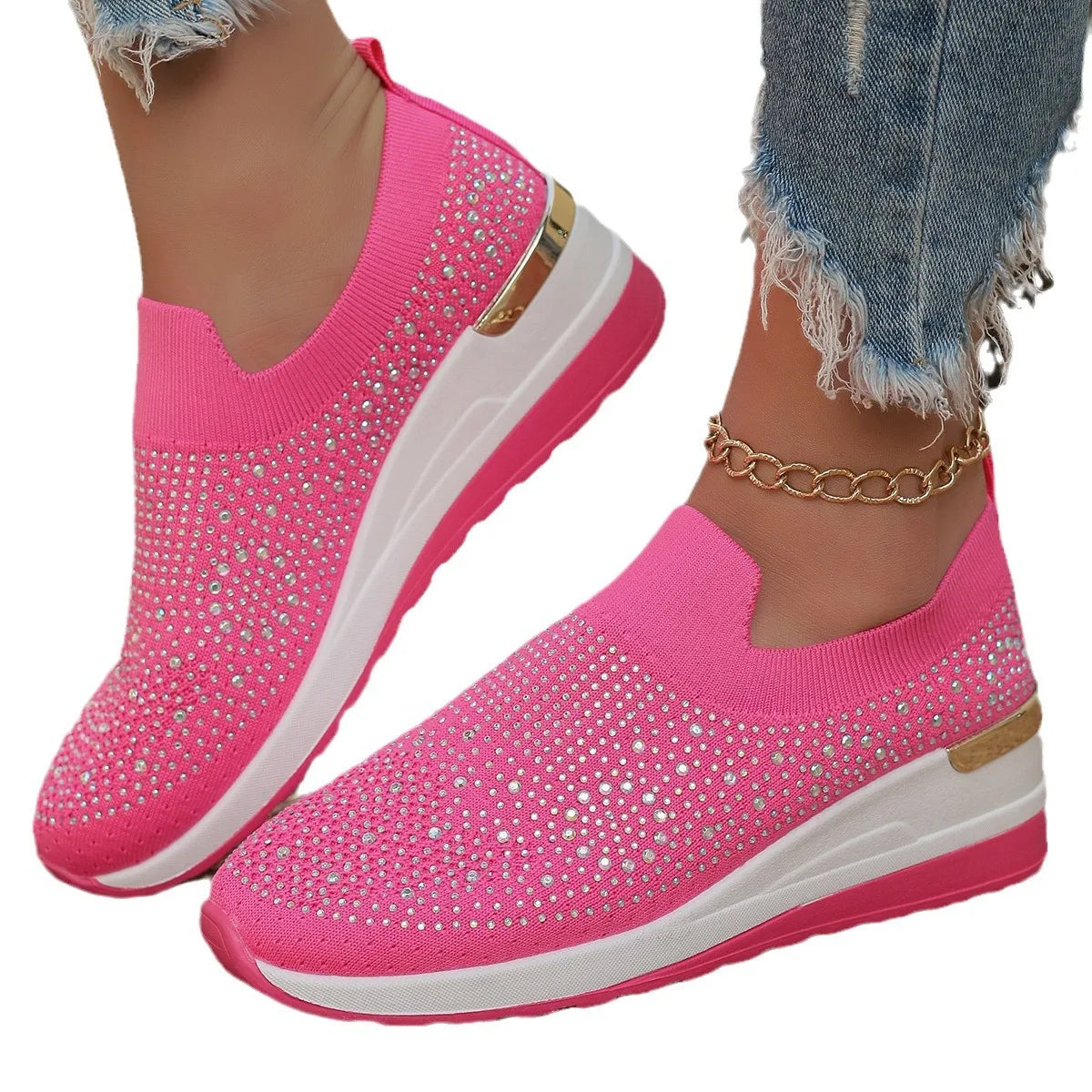 Orange Rhinestone Casual Sneakers Breathable Wedge Women/Lightweight Shoes Slip On New Comfortable Spring Mesh Sports Shoes