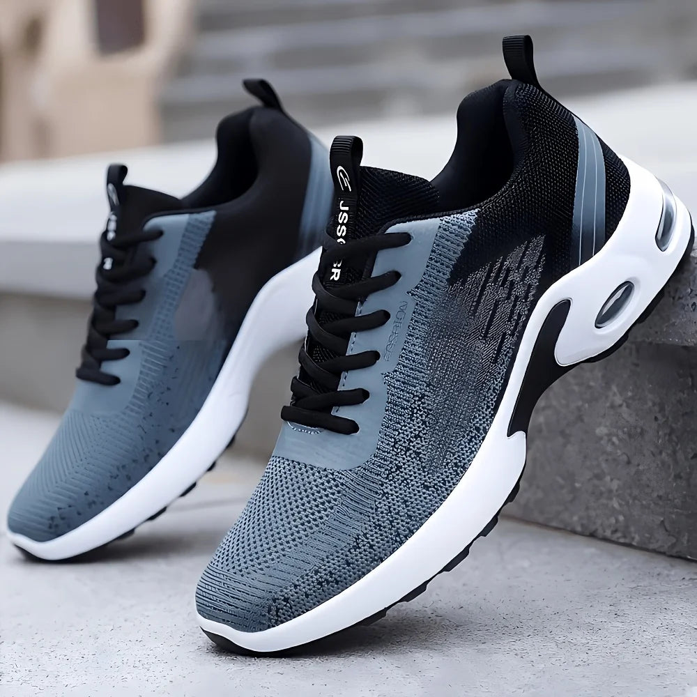 Men Breathable Flying Woven Mesh Running Shoes Cushion Air Sole/Shock Absorbing Athletic Sneakers, Lightweight Lace Up Non Slip Shoes