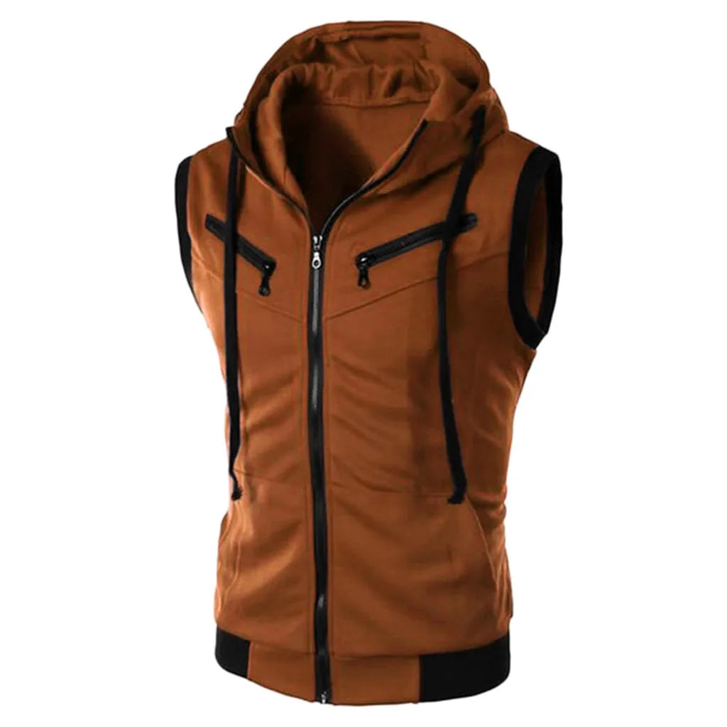 Color Block Summer Sports Men Zipper Sleeveless/Fitness Hoodies Hooded Vest Men's Clothing Jacket