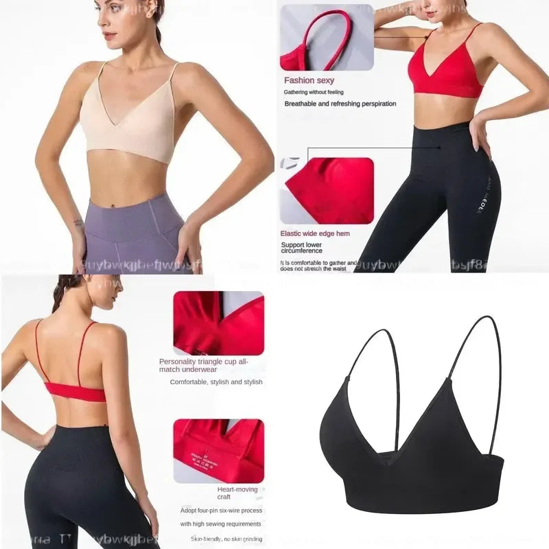 Women V Neck Seamless Triangle Cup Bra Camisole Breathable Gather Up/Chest Wrapped Underwear for Sports Fitness Yoga Casual