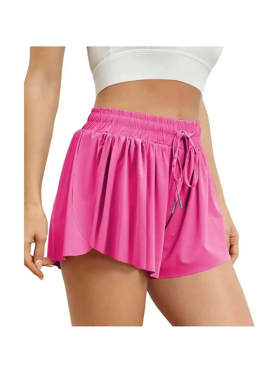 Women's High Waisted 2 In 1 Flowy/Hem Athletic Shorts With Drawstring