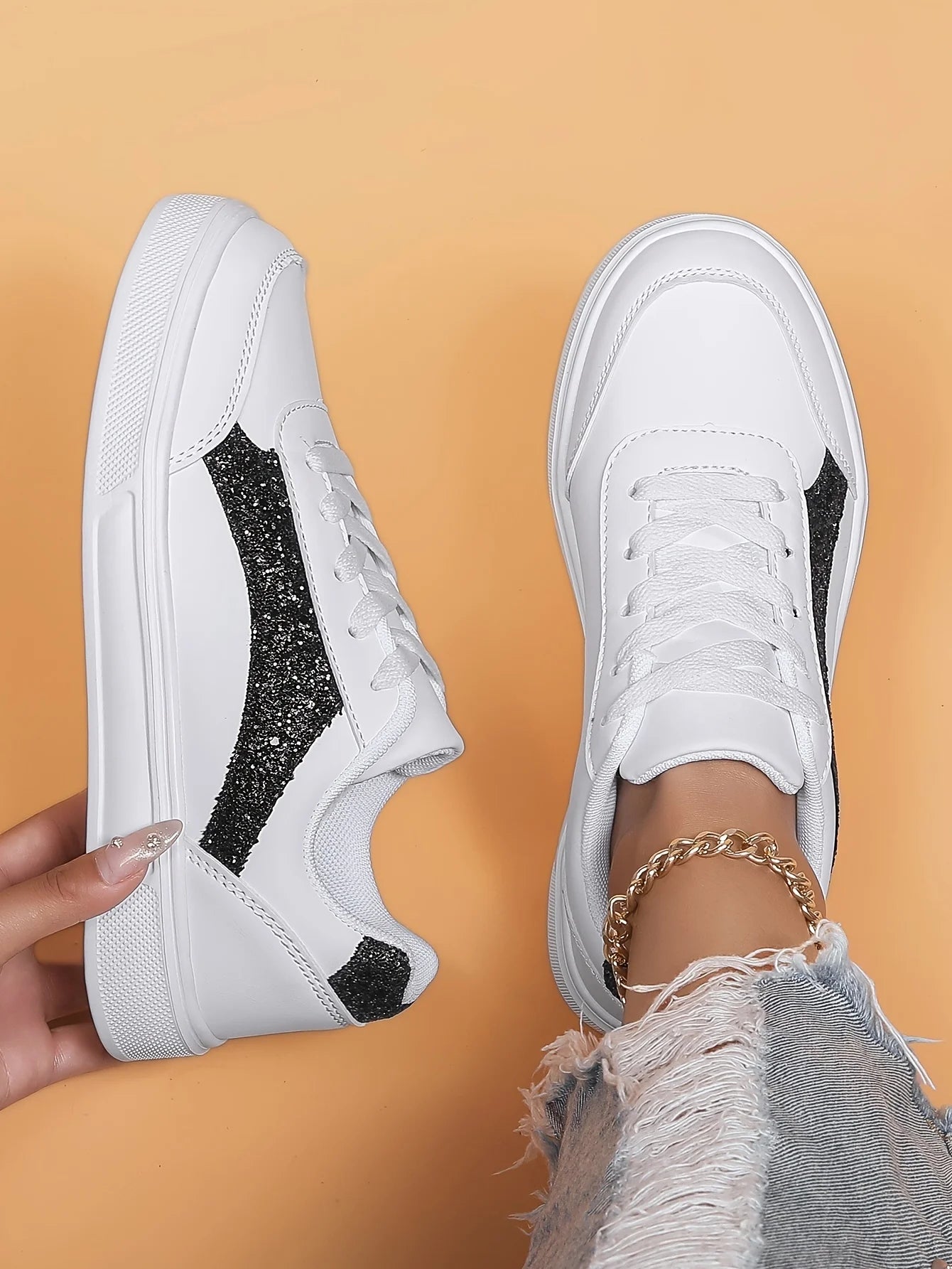 Women's Low-top Casual Sneakers, Sequin Trendy Lightweight Flat Shoes/Breathable Upper Comfortable Fashionable