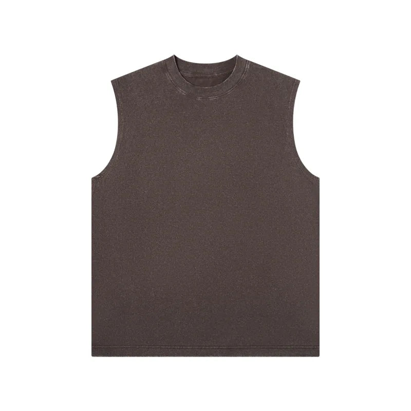 230g Pure Cotton European and American High Street Retro Washed/Distressed Sleeveless Vest Men's Casual Loose Shoulder T-shirt