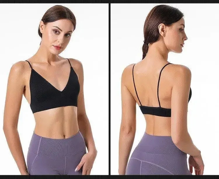 Women V Neck Seamless Triangle Cup Bra Camisole Breathable Gather Up/Chest Wrapped Underwear for Sports Fitness Yoga Casual