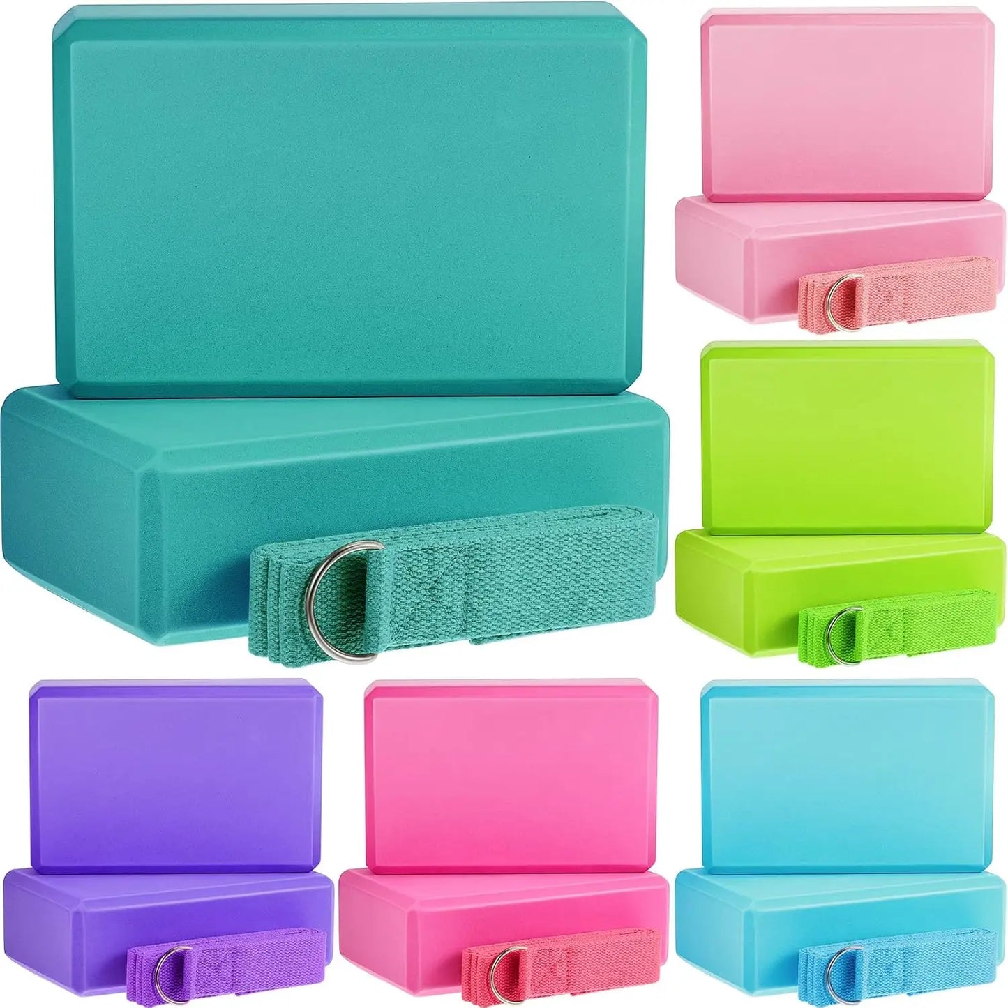 18 Pcs Yoga Block and Strap Set 9 x 6 x 3 Inch EVA Foam/Non Slip Brick 8 ft Yoga Straps for Stretching D Ring Design