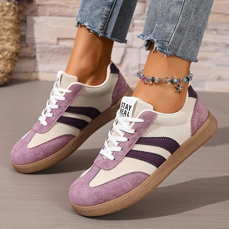 Women's Retro Lace Up Sneakers Patchwork Fabric Upper 3 Stripe Decor/Gum Rubber Sole Lightweight Casual Walking Shoes Fashion Low Top