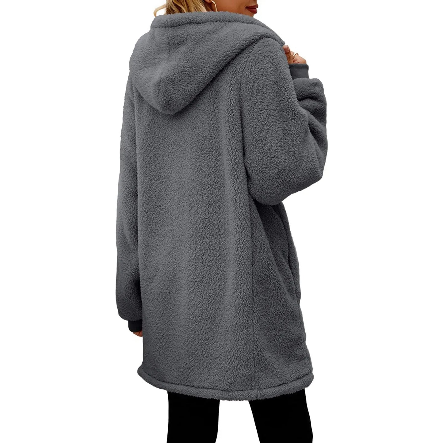 Women's Oversized Plush Jacket Solid Color Zippers Hooded/Streetwear Cardigan Autumn And Winter Fleece Outerwear