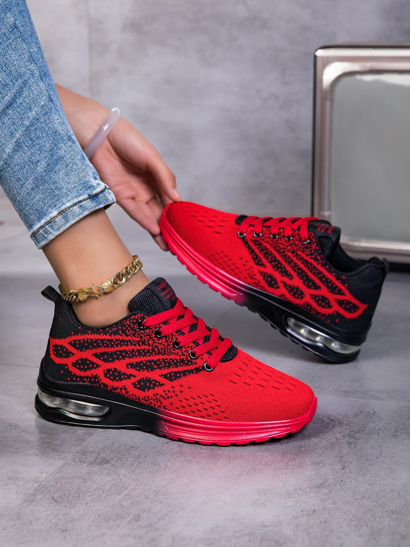 Women Air Cushion Running Sneakers Breathable Knit Mesh Shock Absorbing/Non Slip Lightweight Lace Up Sports Shoes Outdoor Walking Shoes