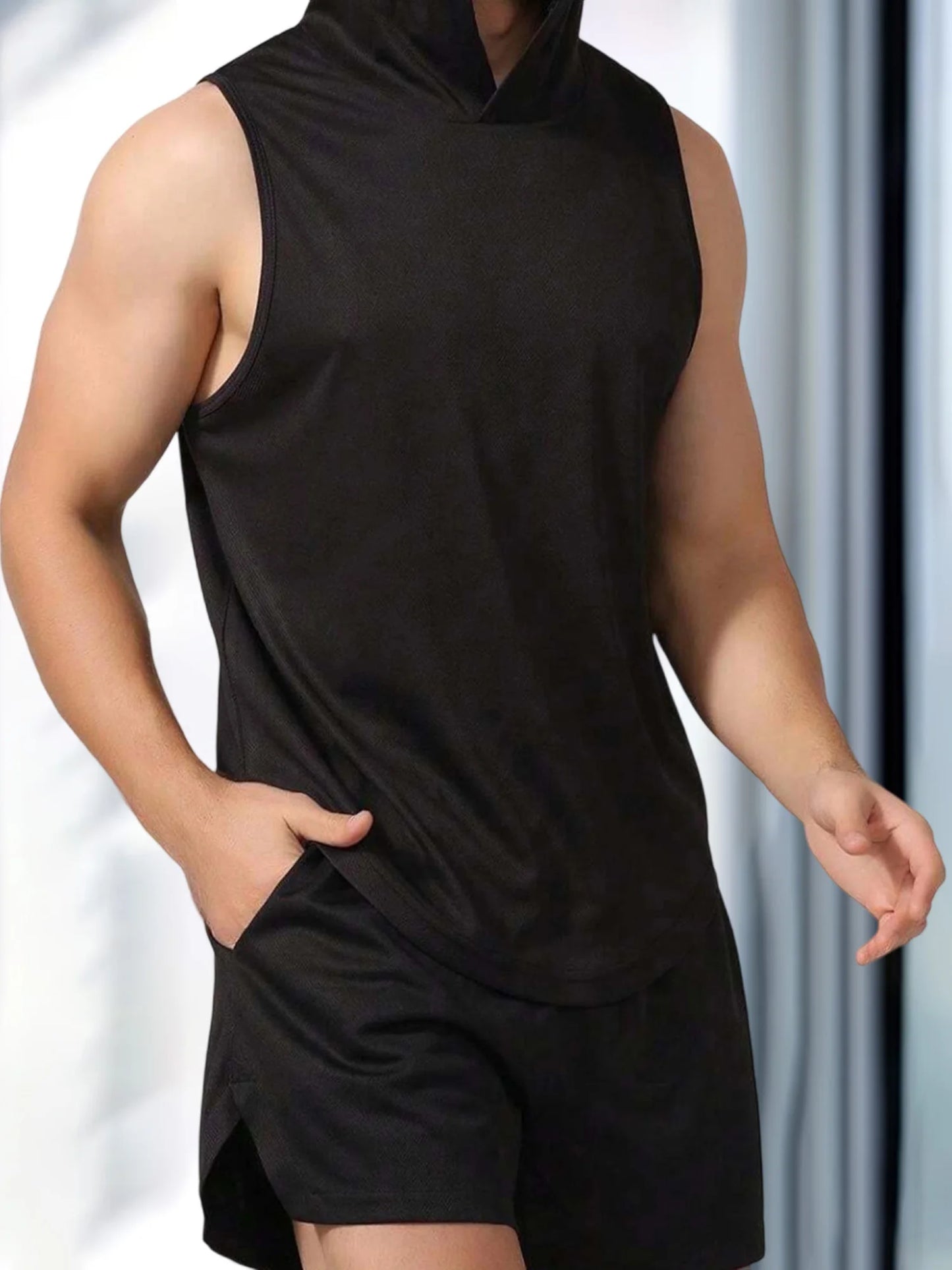 Men s Sleeveless Hooded Workout Tank Top Solid Color Athletic/Gym Vest for Bodybuilding and Summer Fitness Training