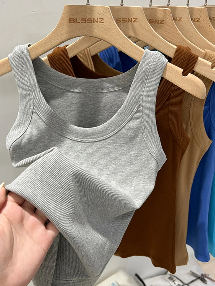 zjaiss Women Solid Round Neck Ribbed Tank Top Camisole Women/Summer Basic Elastic Tank Top O Neck Solid Tank Top