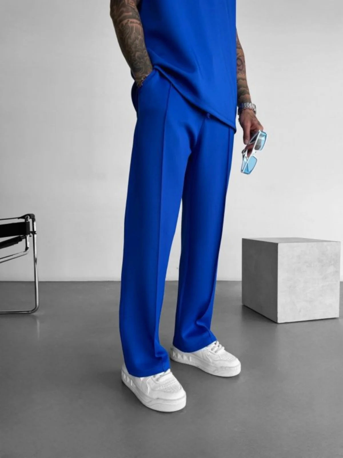 New men's casual pants, stylish and comfortable elastic waist/drawstring single-line pleated solid color pocket mops pants