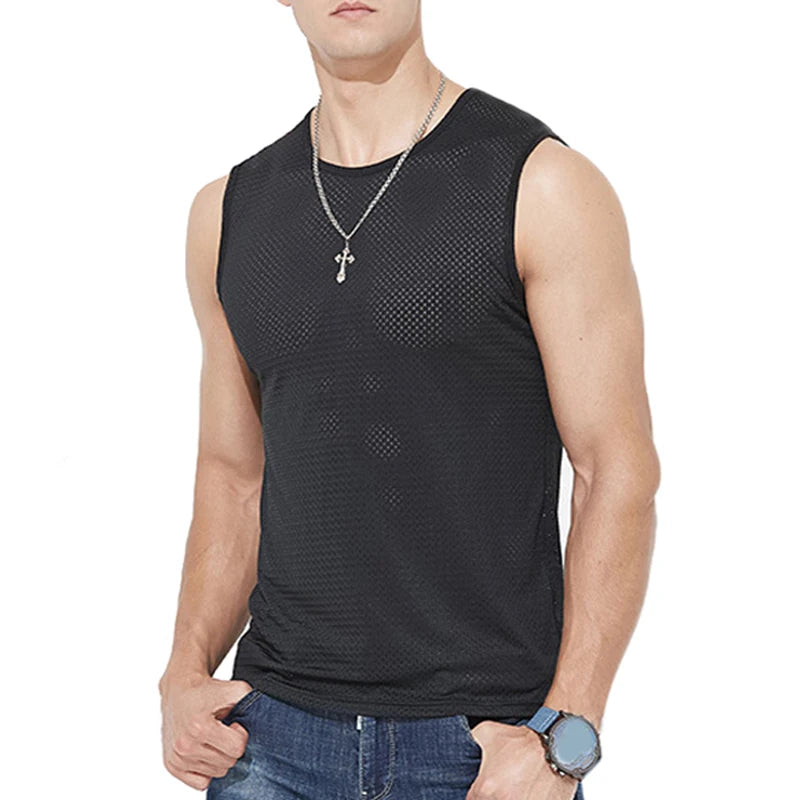 Men's Ice Silk Mesh Tank Tops Gym Stringer Transparent Bodybuilding/Sleeveless Shirt Fitness Vest Male mesh Muscle Shirt