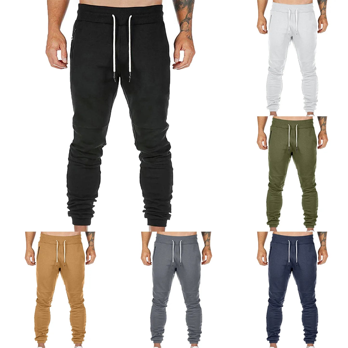 Cargo Pants for Men Solid Color Side Pockets Lace Up Waistband/Casual Trousers European American Fitness Athletic Trousers