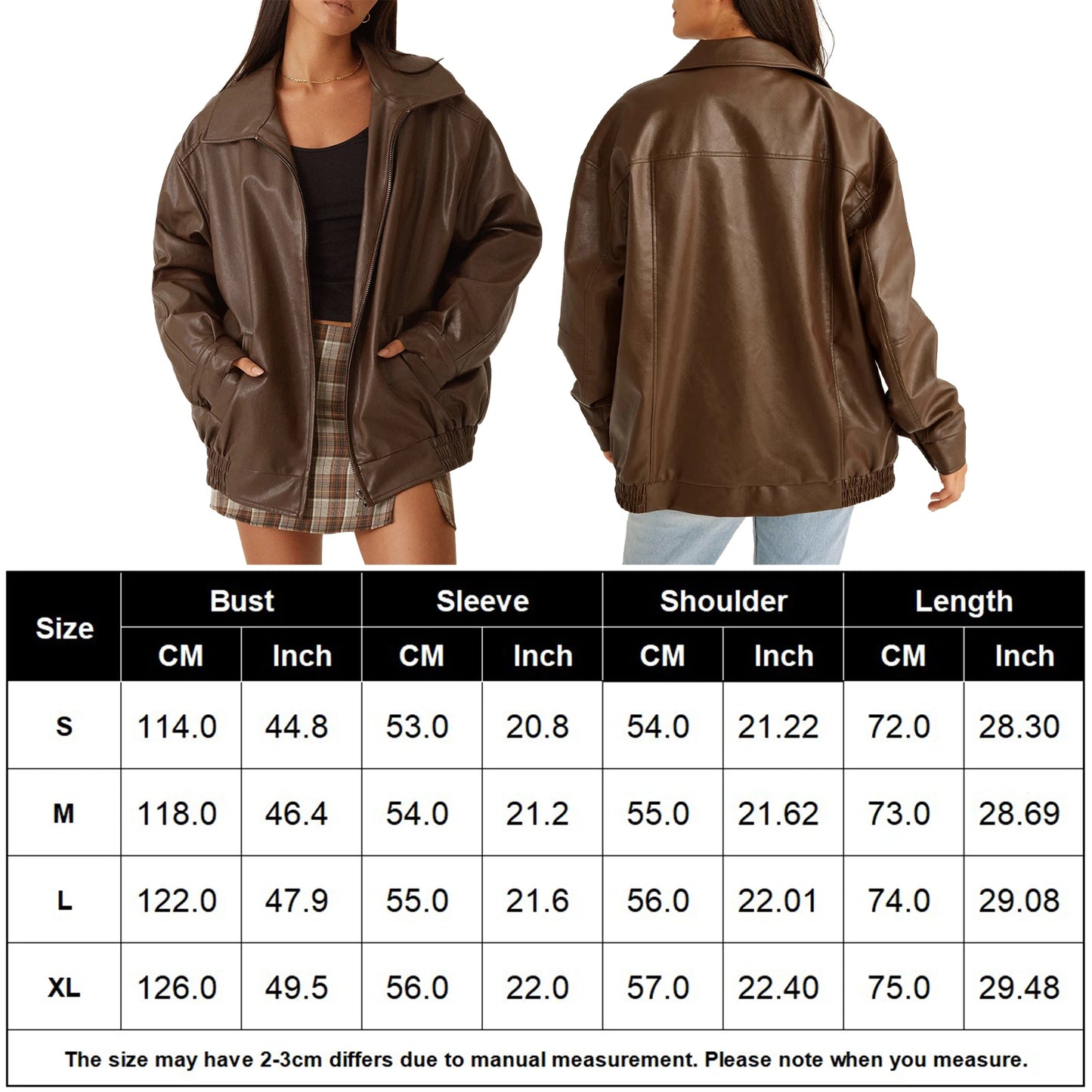 Women Oversized Jackets Casual Faux Leather Jacket/Fashion Moto Biker Coat Lapel Zipper Jacket