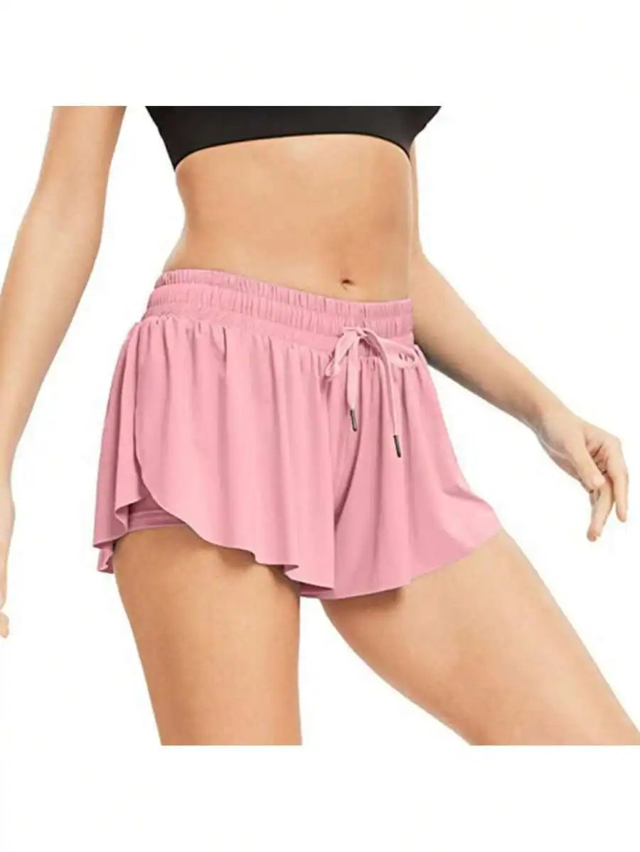 Women's High Waisted 2 In 1 Flowy/Hem Athletic Shorts With Drawstring