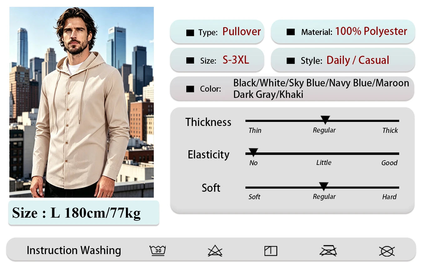 Men Hooded Button Down Shirt With Wrinkle Textured Long Sleeve Hoodie/Jacket Drawstring Hood Casual Loose Open Front Shacket