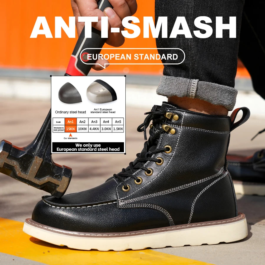 Two layer cowhide men's anti-smash/anti-puncture high top work safety shoes