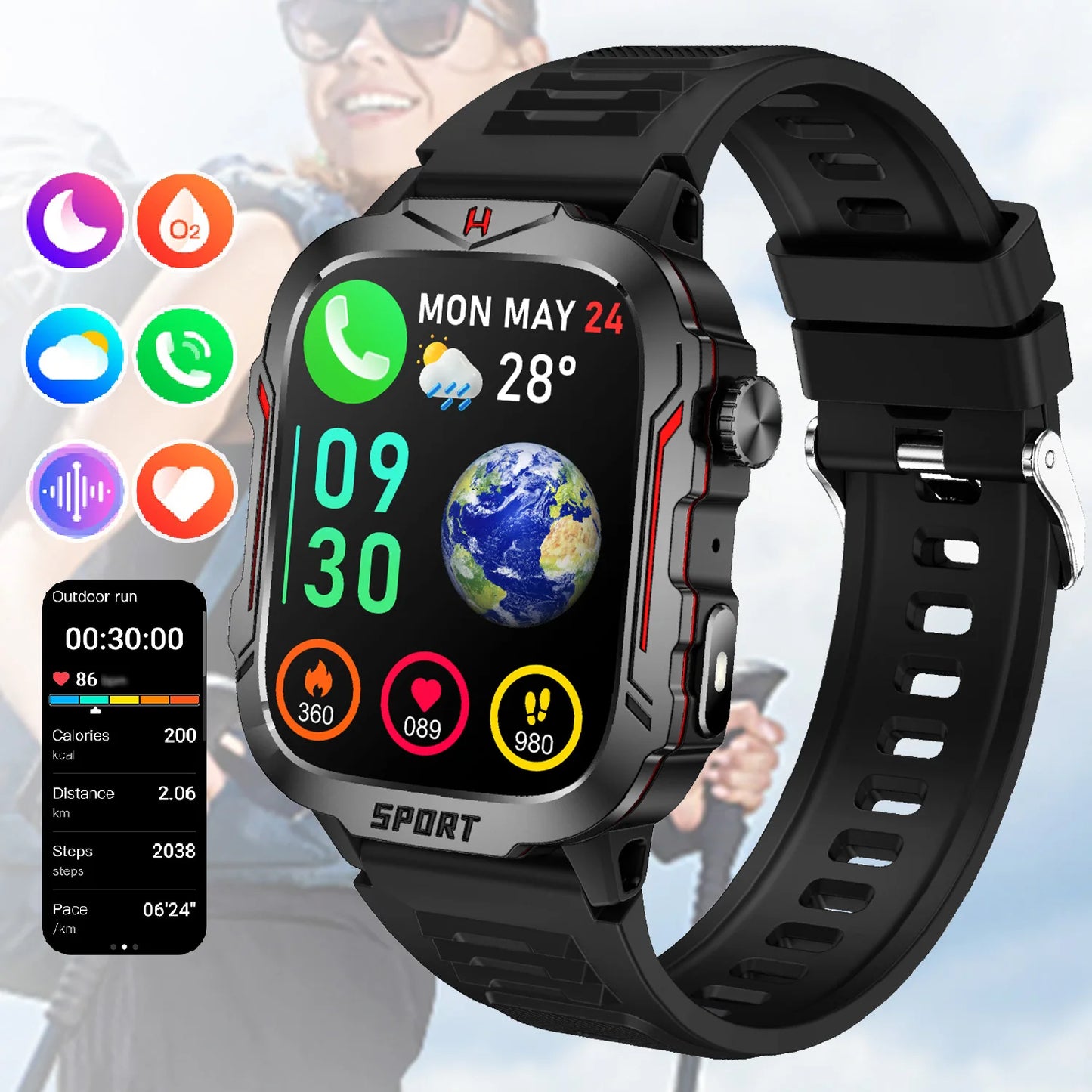 Strong Flashlight Smart Watch for Men/Women, 1.96'' Screen Fitness Tracker/with AI Voice Assistant/ Bluetooth Call/ 100+Sports