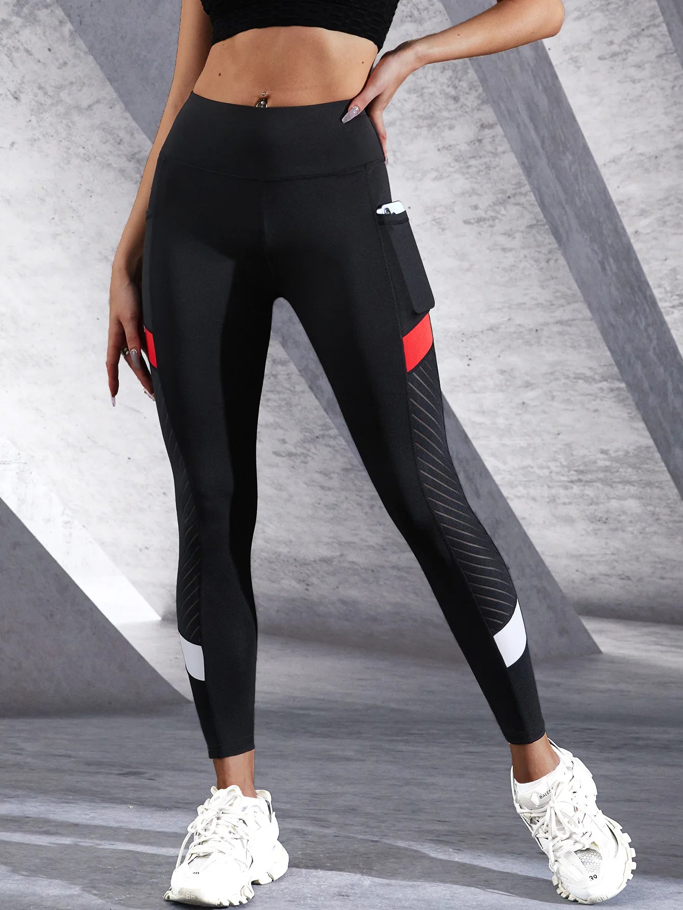 Color blocked Mesh High Waist Yoga Pants with Side Pockets/Leggings for Women Tummy Control Workout Shaping Leggings