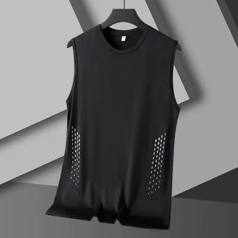 Men Summer Mesh Sleeveless Vest Ice Silk Printed Round Neck/Loose Running Fitness Tank Top Breathable Athletic