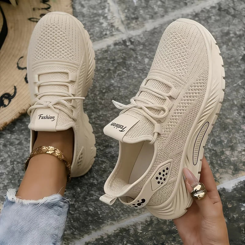 Women Platform Chunky Sneakers Breathable Flying Knit Lace Up/Two Wear Back Slip On Walking Shoes Lightweight Non Slip Thick Sole