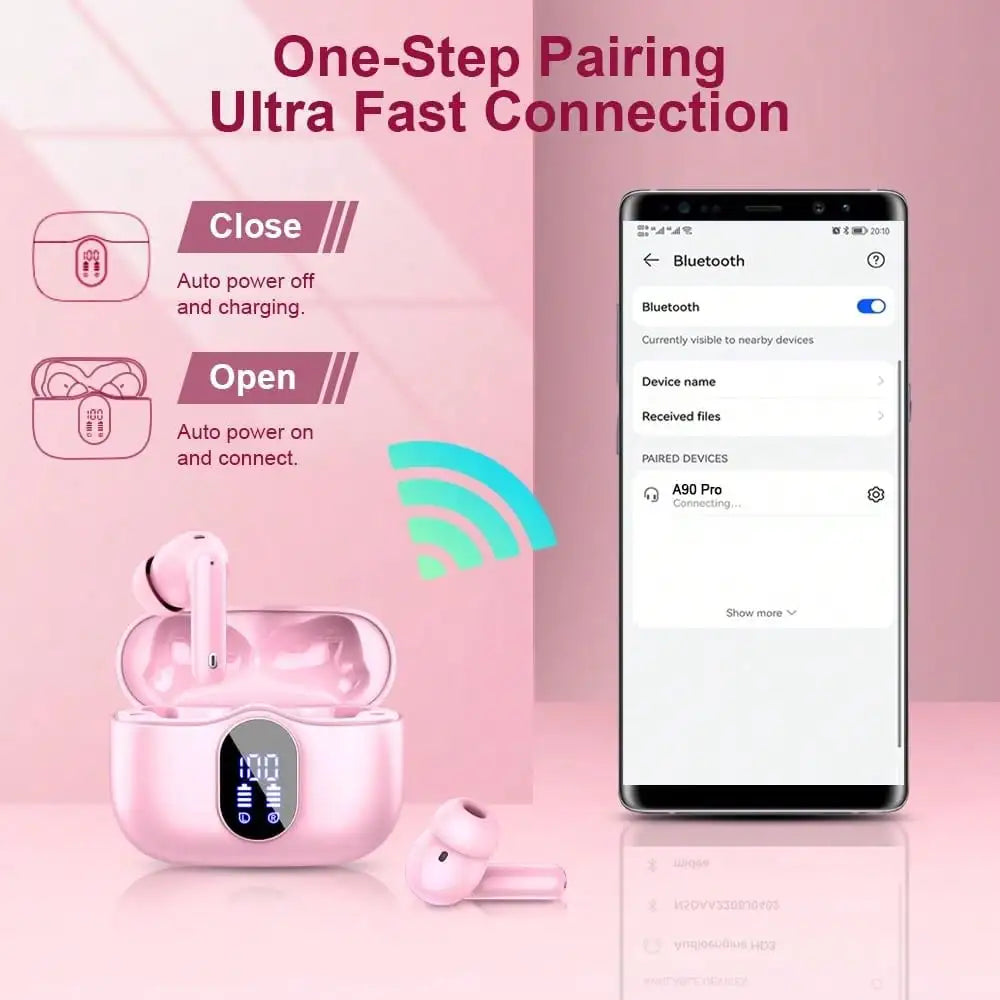 Ordtop Wireless Earbuds Bluetooth Headphones 48H Playtime Ear Buds/With LED Power Display, IPX7 Waterproof Bluetooth 5.4 Earphones