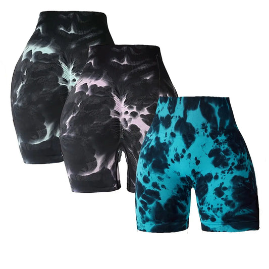 3 Pack Us Local Women's Tie-Dye Spring Summer Fitness Yoga Gym Shorts/Trendy Active Wear Shorts Wide band Waist