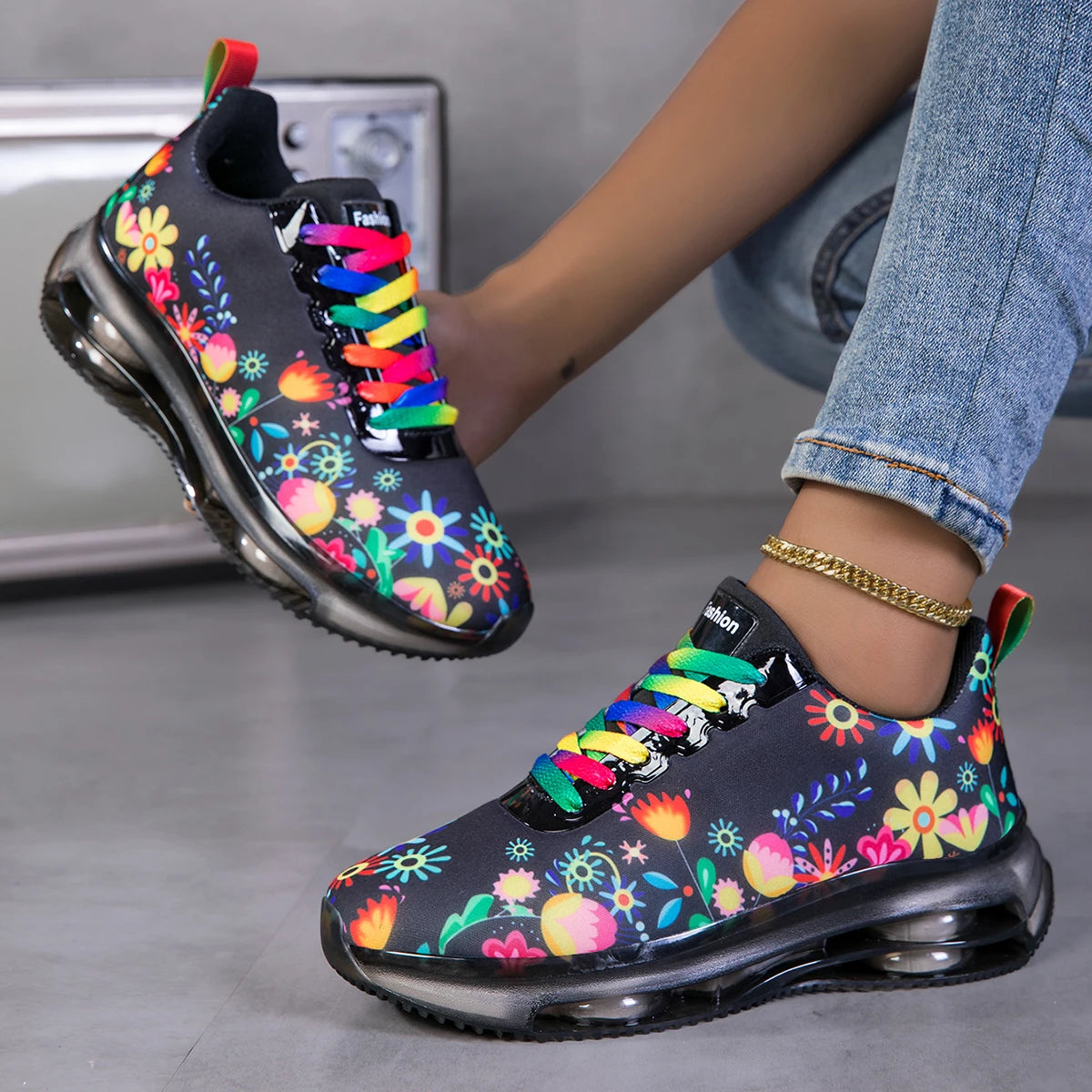 Women Floral Print Air Cushion Sneakers Colorful Rainbow Laces/Breathable Lightweight Shock Absorb Non Slip Lace Up Running Shoes