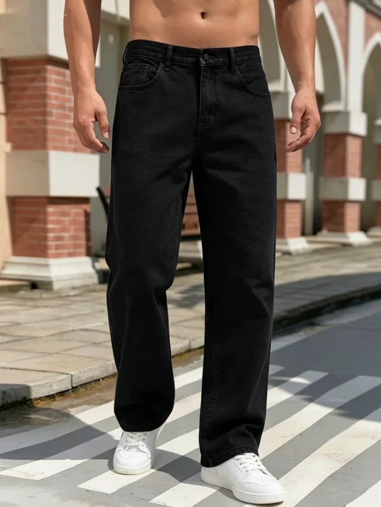 Men's Casual Straight-Leg Jeans, Y2K Street Style Loose Denim Trousers/Men's Casual Straight Jeans, Pure Black Pants