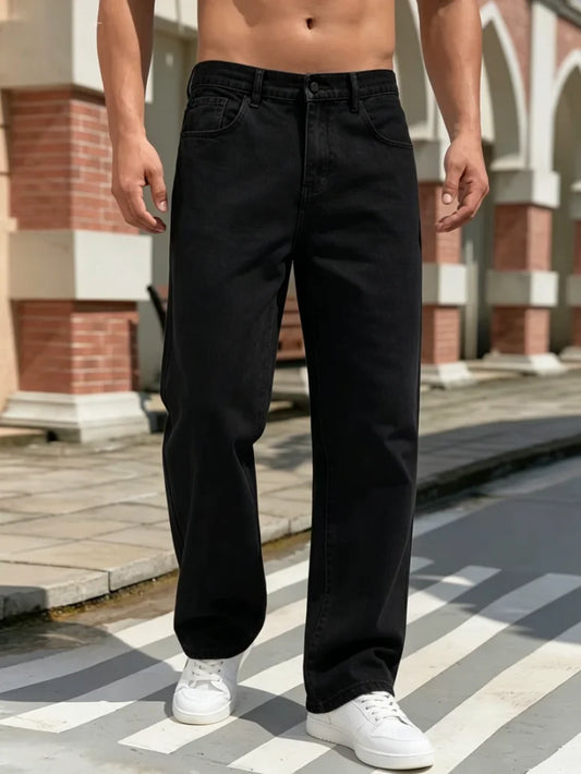 Men's Casual Straight-Leg Jeans, Y2K Street Style Loose Denim Trousers/Men's Casual Straight Jeans, Pure Black Pants