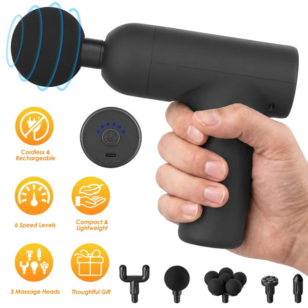 Mini Massage Gun Deep Tissue Percussion Muscle Massager 6 Adjustable Speeds/5 Interchangeable Massage Heads, Rechargeable Portable