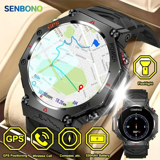 SENBONO Built-in GPS Smart Watch Men Bluetooth Call 3ATM Waterproof/Military Sport Smartwatch With AI GPT Compass Watch for Men