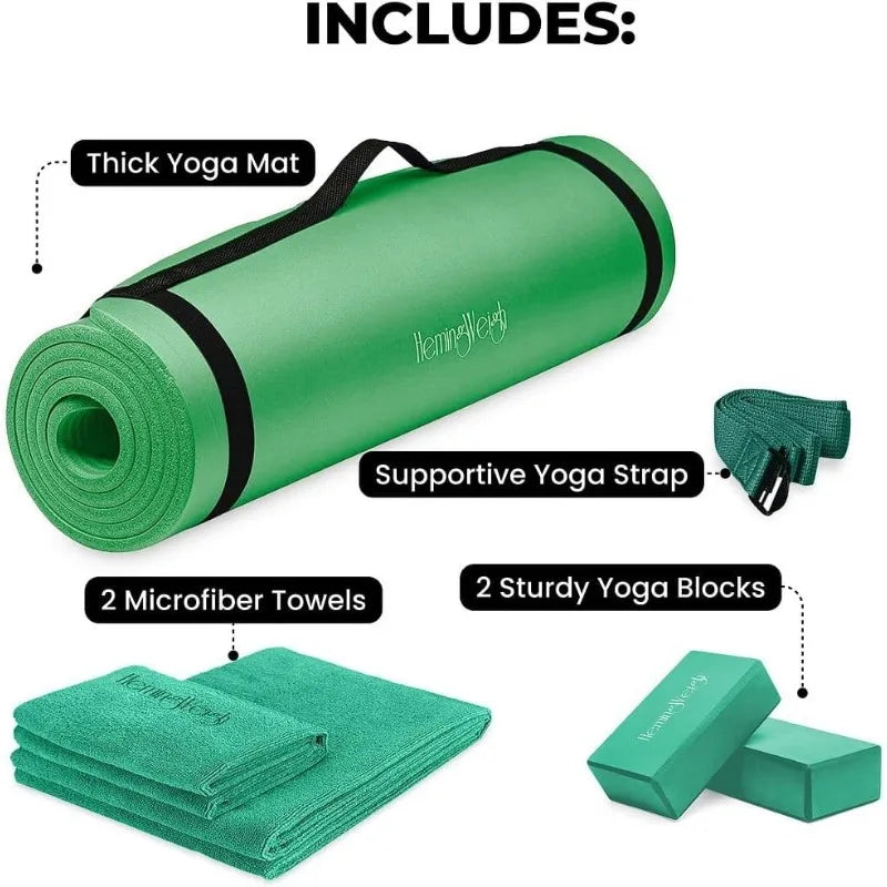 Heming Weigh Yoga Mat Thick Set for Home Workouts, 1/2 Inch/Thick Mat Non Slip Mat with Yoga Foam Blocks