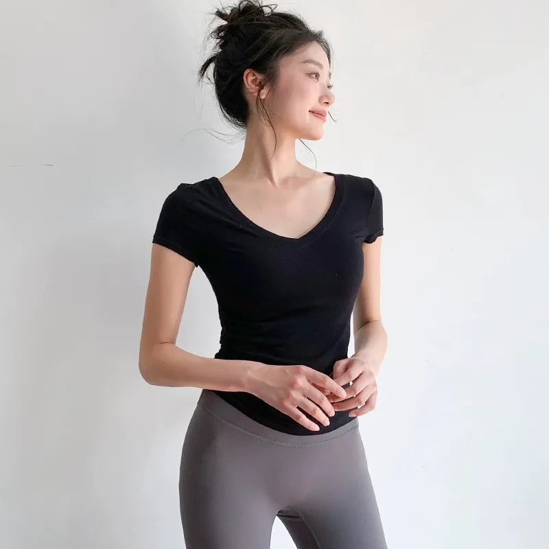 Yoga t-shirt top summer thin breathable waist tight and thin/inside solid color sports running fitness short sleeves